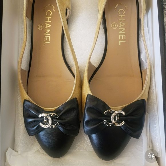 RARE Chanel CRYSTAL Leather & Suede Bow Flats size 38.5C 🎀💖😍🖤 - Picture 7 of 17